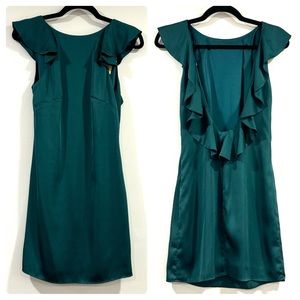 Emerald Green Open Back Ruffle Satin Mini Dress Size 2 H&M GOLD LABEL